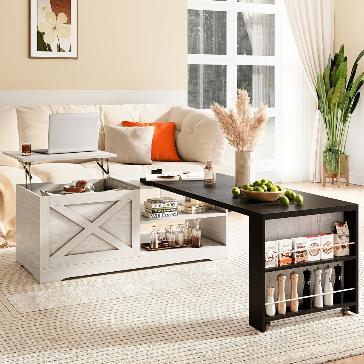 Wildhome 48" Farmhouse Lift Top Coffee Table with Charging Station,Foldable L-Shaped Cocktail Table with Hidden Storage Compartment,Lifting Tabletop and Storage Rack for Living Room,Office,White Wildhome