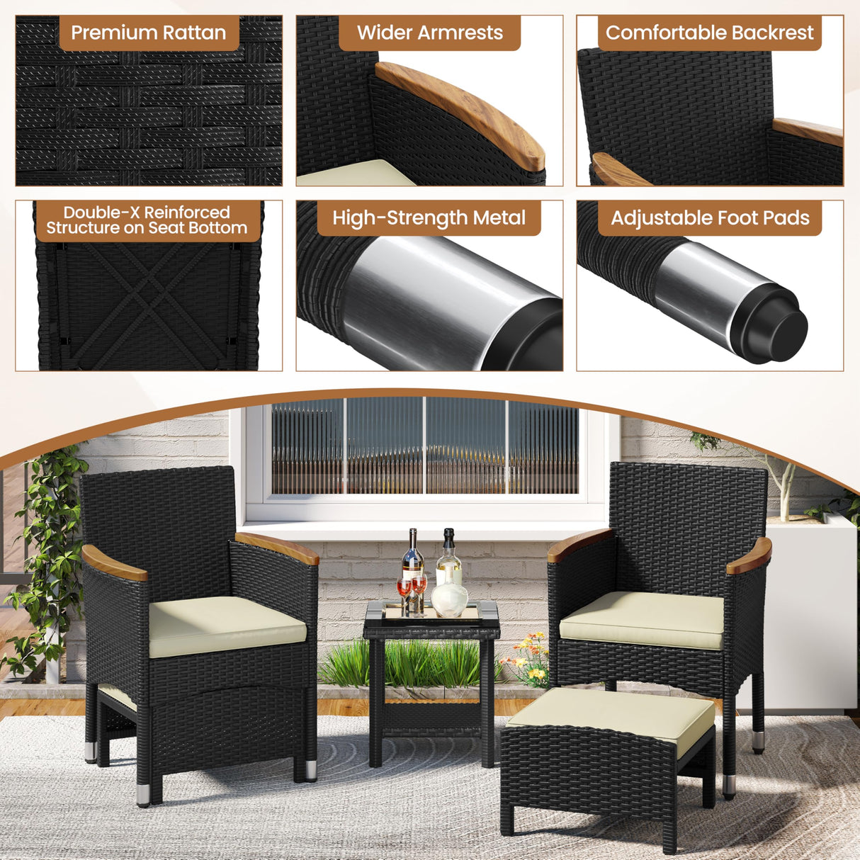 Yaheetech 5 Piece Patio Conversation Set, Outdoor Wicker Bistro Furniture, PE Wicker Outdoor Rattan Chairs Set with Coffee Table for Porch, Poolside, Lawn, Garden, Balcony Yaheetech