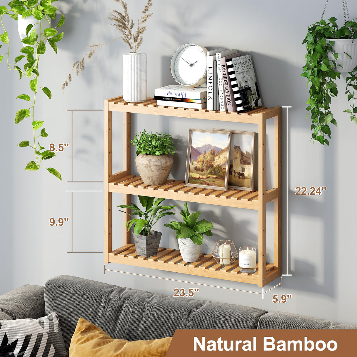 FILWH Bamboo Organizer Rack - Adjustable 3-Tier Storage Shelf, Wall Mounted or Over The Toilet, Living Room, Kitchen (Natural) FILWH