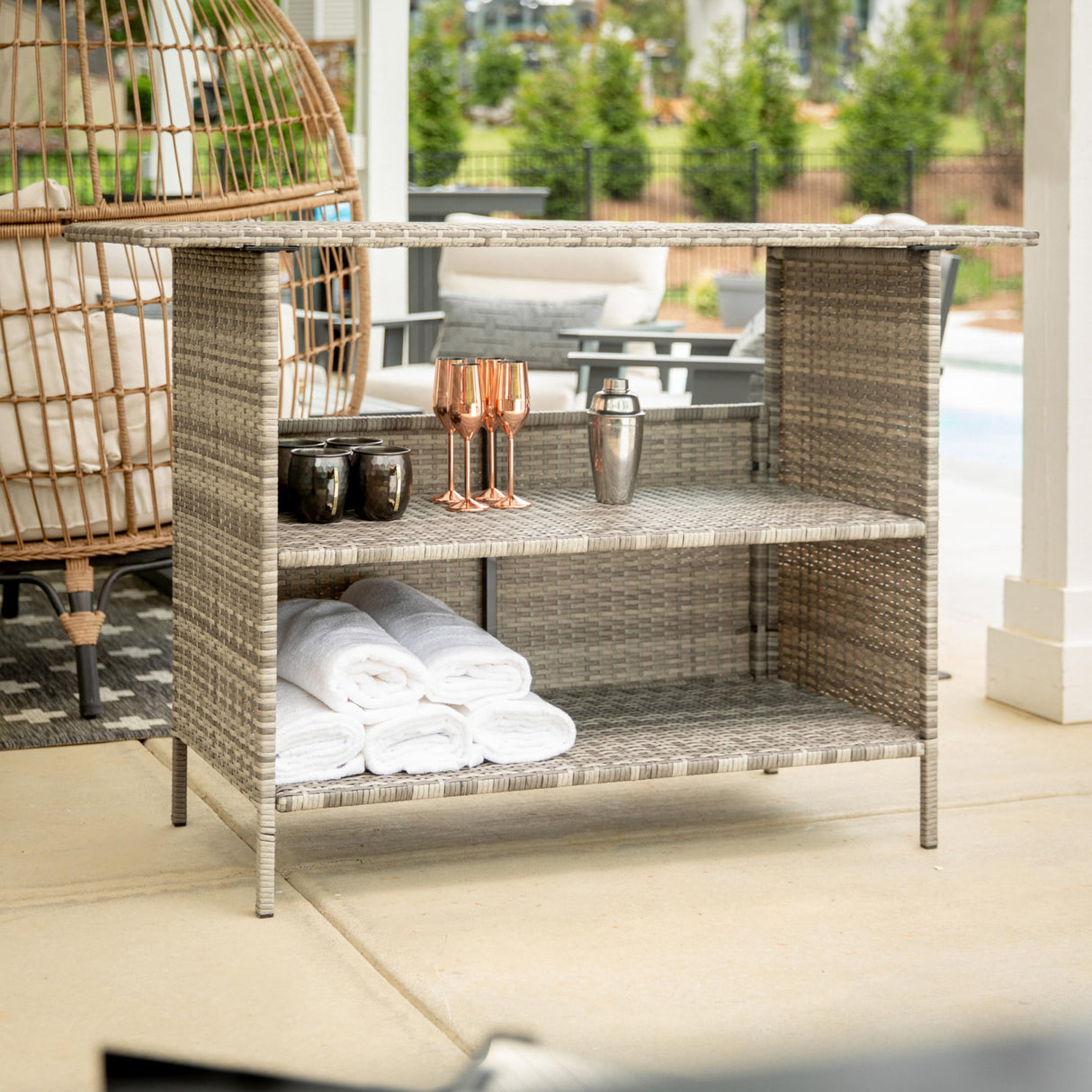 Flash Furniture Marco Indoor/Outdoor Patio Bar Counter Table, All-Weather Wicker Rattan Pattern, 2 Shelves, Gray Flash Furniture