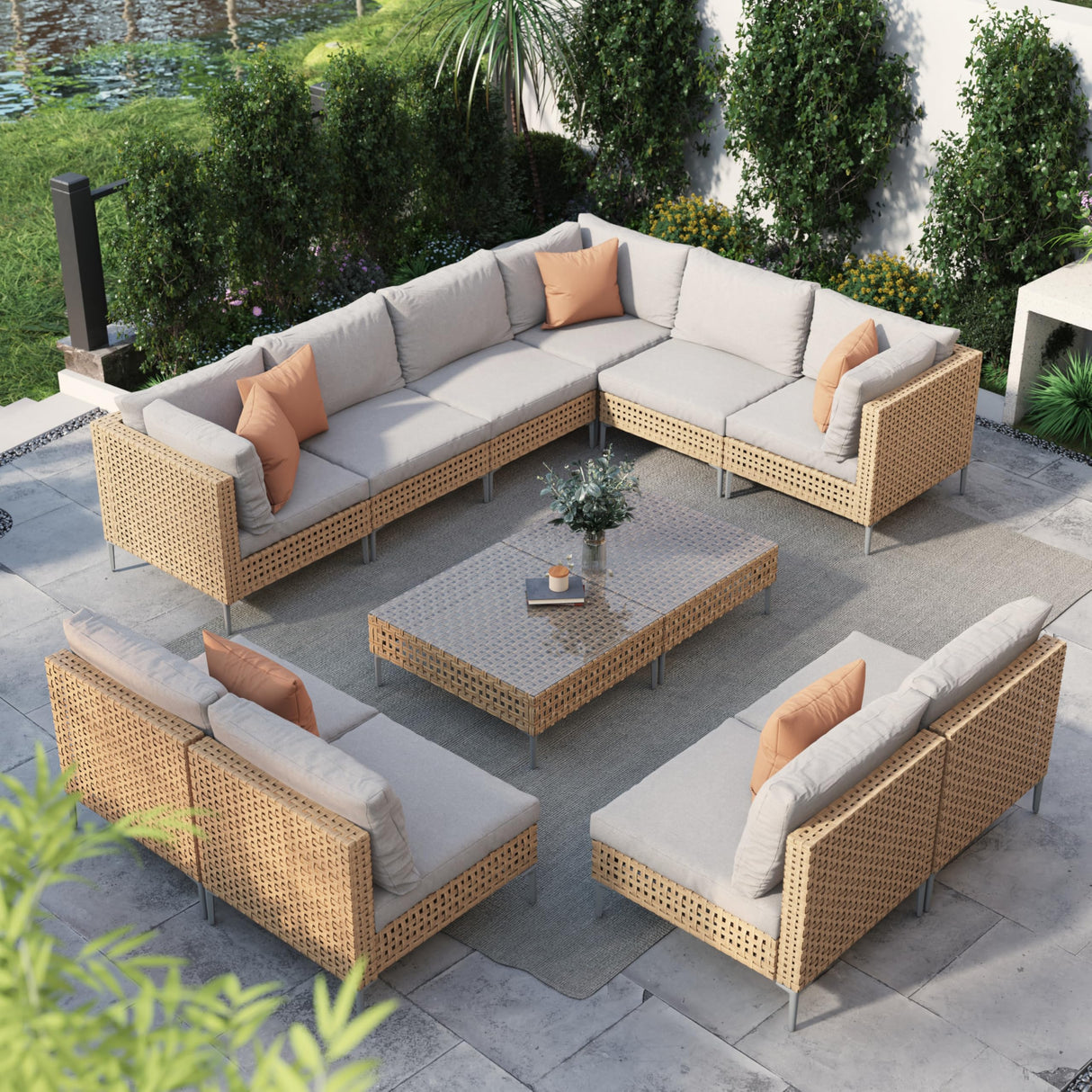 Grand patio 12-Piece Wicker Patio Furniture Set, Boho Outdoor Conversation Set Sectional Sofa with Water Resistant Beige Thick Cushions and Coffee Table, Beige Grand patio