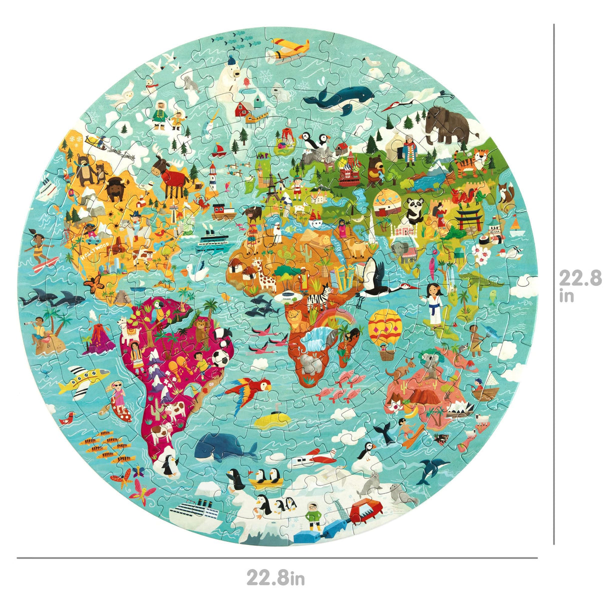 boppi World Map Round Jigsaw Puzzle with 100% Recycled Card 150 Pieces with Animals for Children 5 6 7 8 Years 58cm Diameter boppi