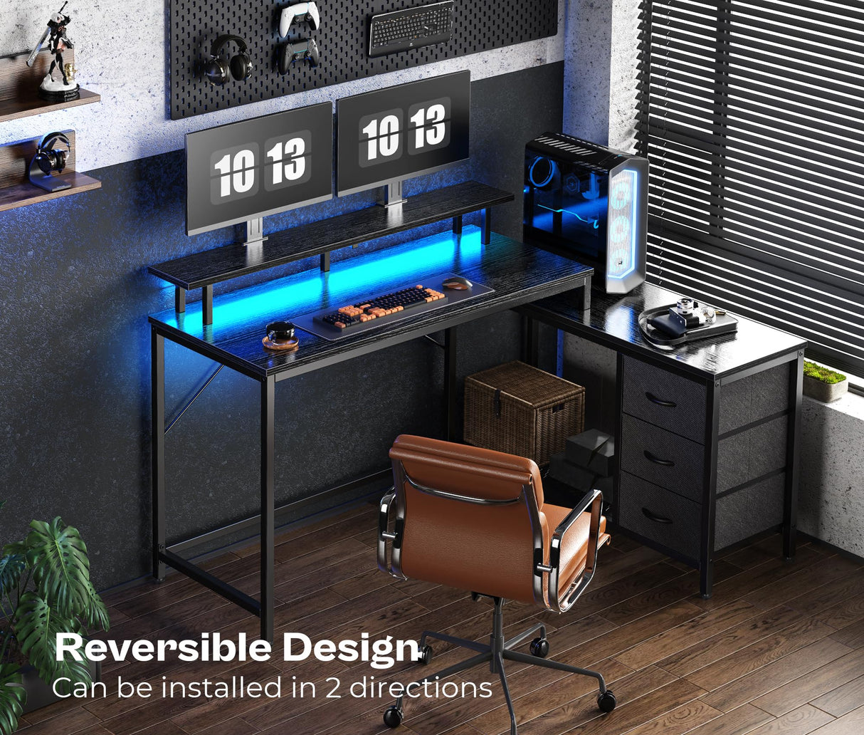 Huuger Reversible L-Shaped Gaming and Office Desk with LED Lighting, Power Outlets, and Drawers in Black Huuger