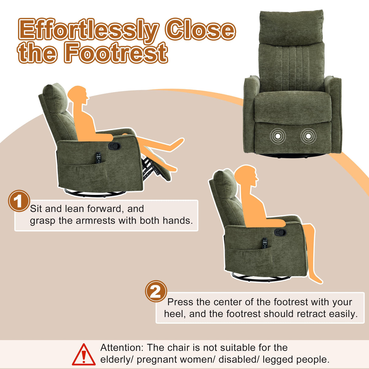 Manual Swivel Rocker Recliner Chair for Adults, Overstuffed Glider Chair for Nursery with Massage and Heat, Living Room Reclining Chair, Fabric Green Luxlen