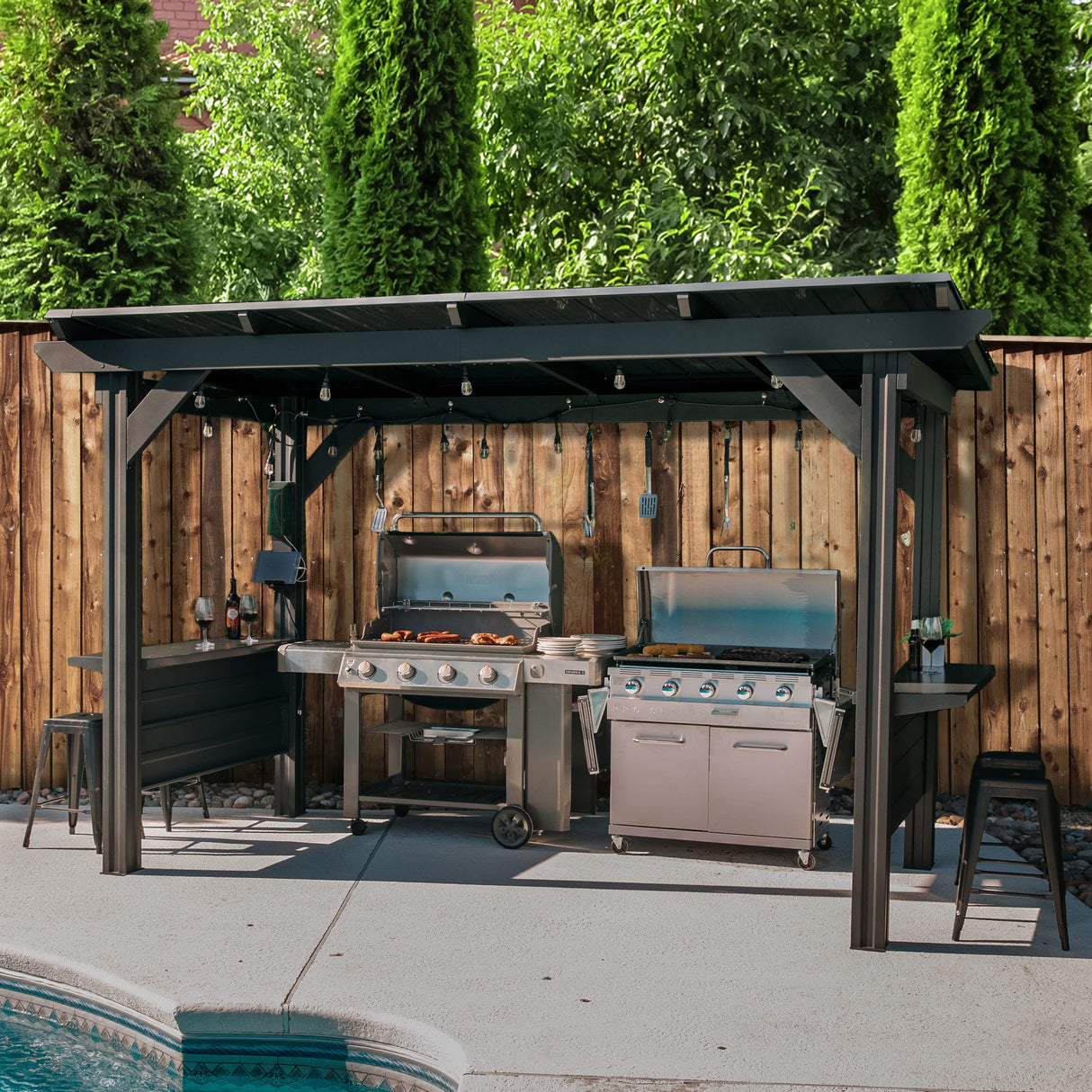 Backyard Discovery Rockport XL 12' x 6' Galvanized Steel BBQ Grill Gazebo Pavilion with Hardtop Steel Roof, Bar Tops, Powerport, Snow Support, Wind Resistance, Cook Station for Outdoor Patio or Deck Backyard Discovery