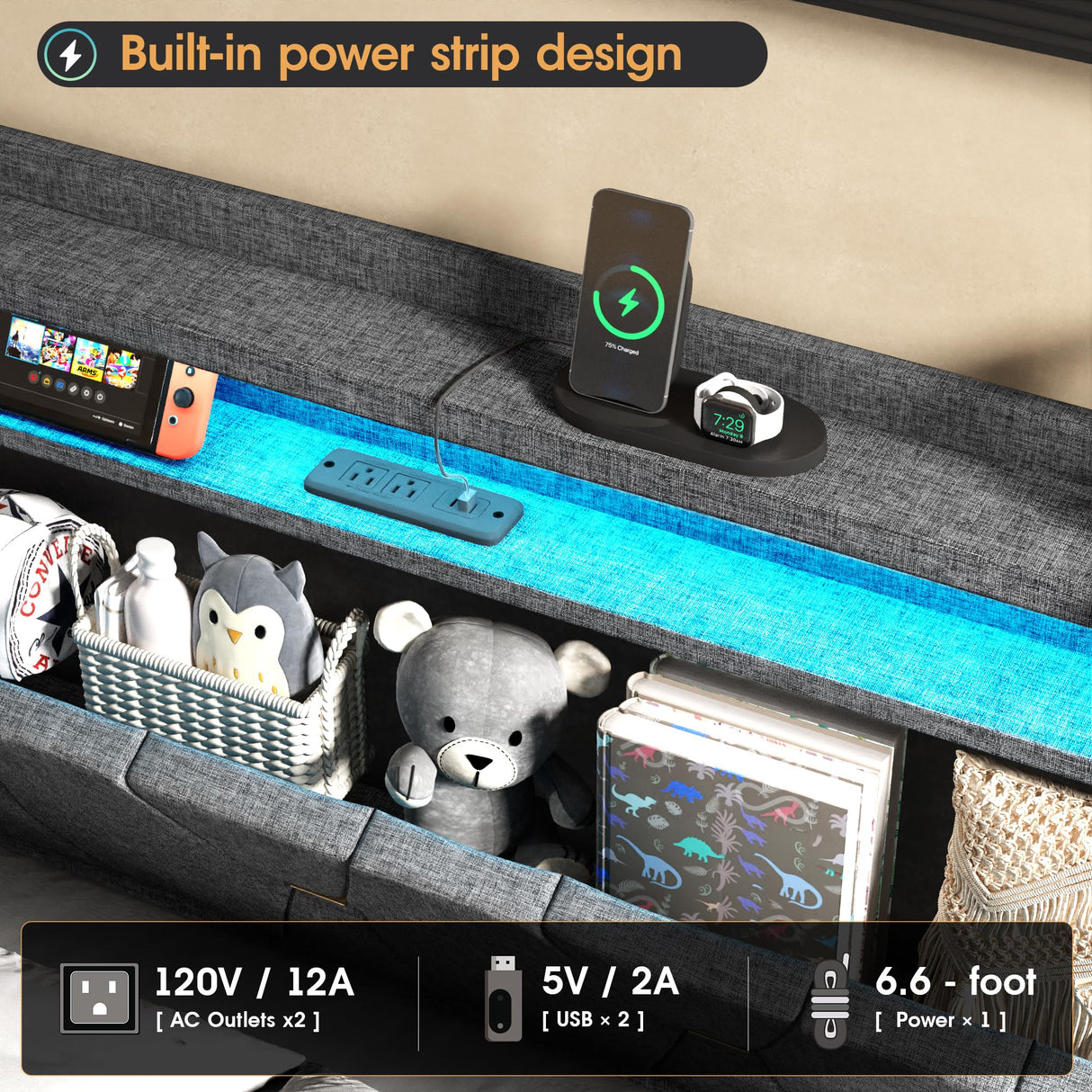 Fameill Queen Size Lift Up Storage Bed Frame, Storage Headboard with Charging Station, LED Lights Upholstered Platform Bed, No Box Spring Needed, Noise-Free, Dark Grey Fameill