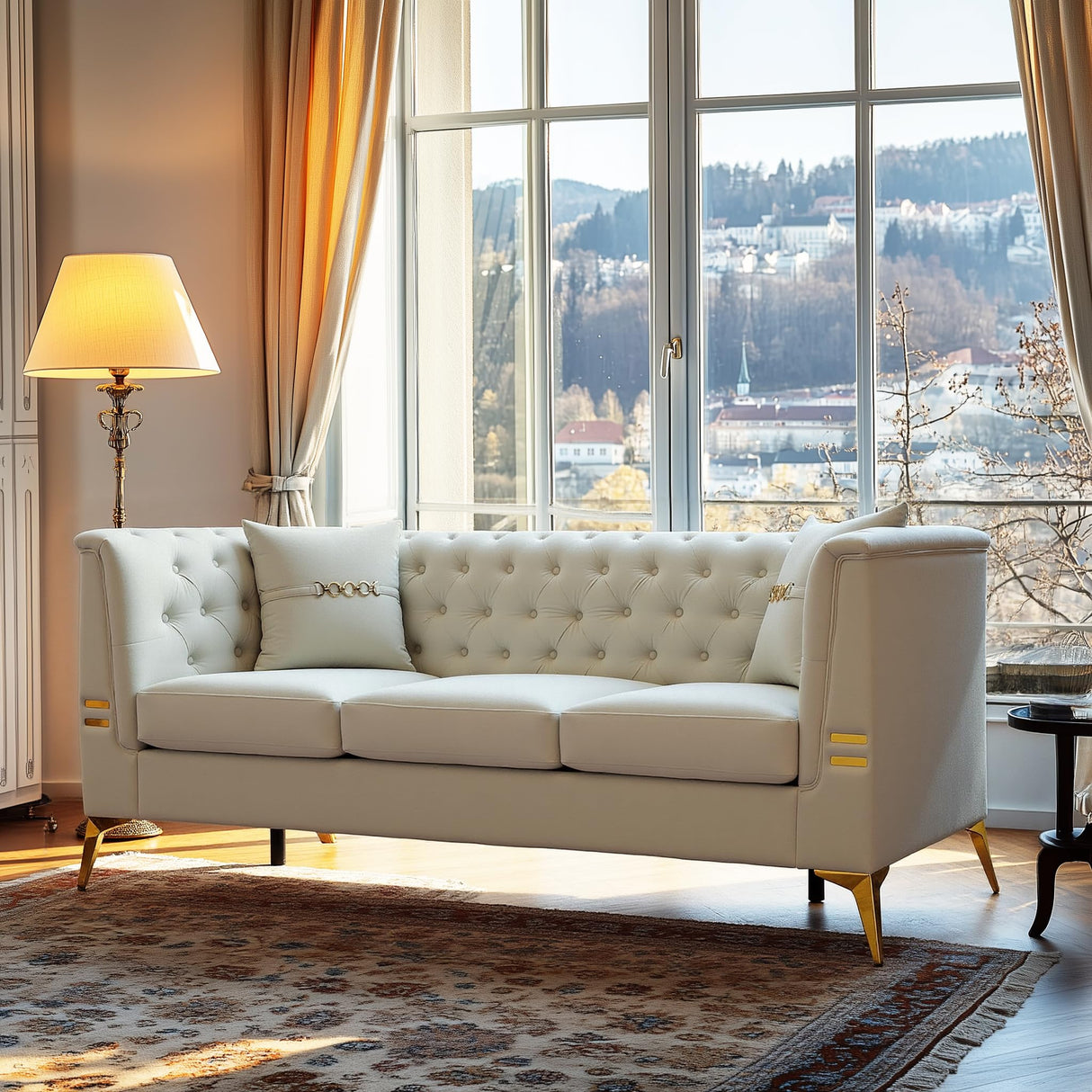 UDiaoszAM 3 Seater 82" Chesterfield Sofa, Wide and Thick Cloud Couch with Tuxedo Arm Tufted Back, Plush Velvet Fabric Sofa Comfy Couches for Living Room with Two Pillows (1, White) UDiaoszAM