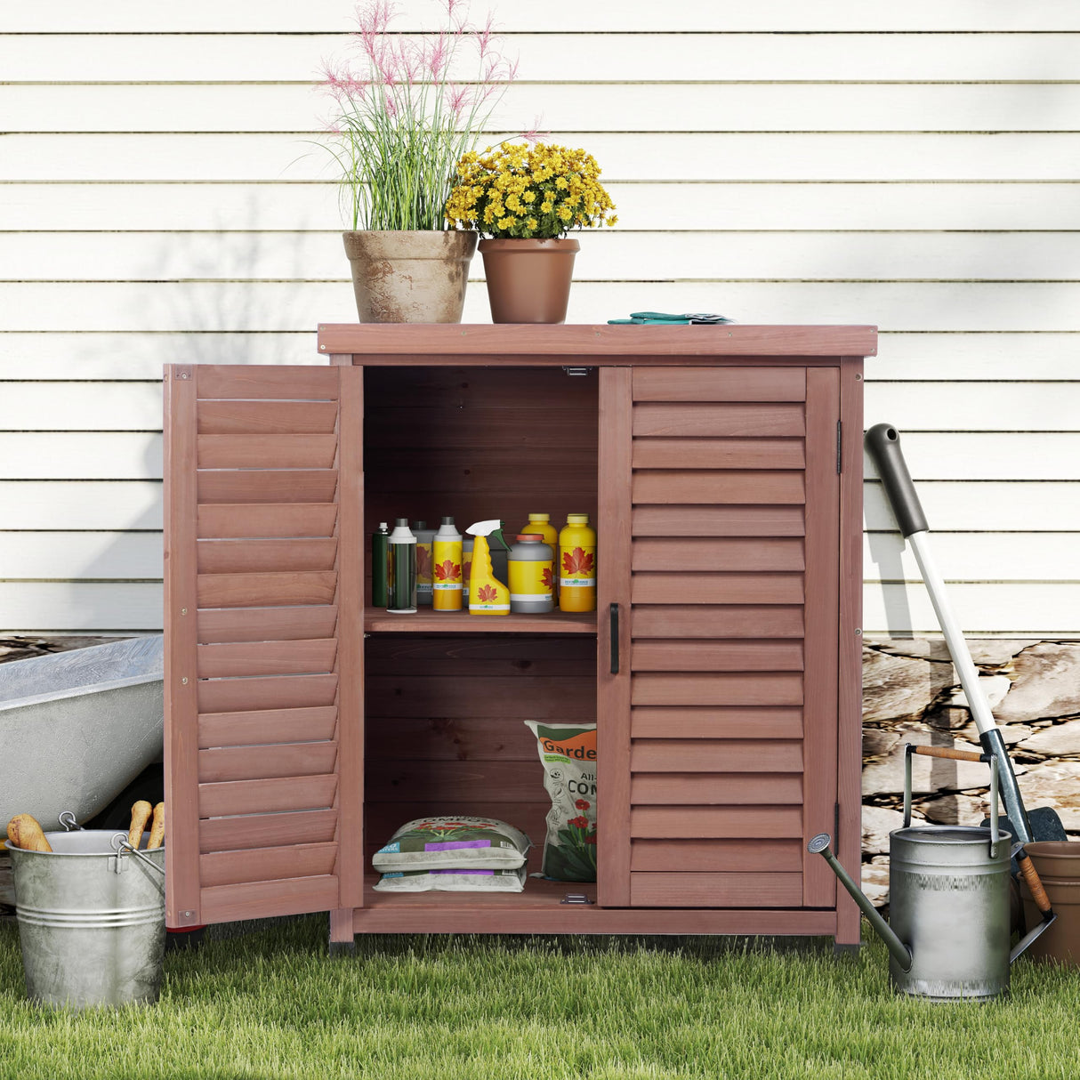 Potting Bench with Storage Cabinet and Metal Table Top for Outdoor Patio, Garden Furniture Wood Workstation (Dark Brown, 31x17x36) Mederla