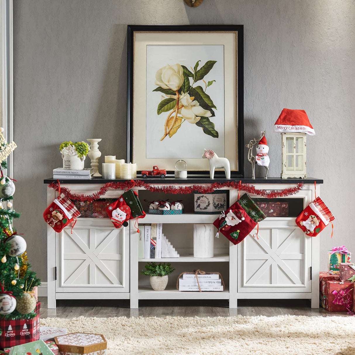 JXQTLINGMU Farmhouse TV Stand for 75 Inch TV, Entertainment Center with Storage, Modern TV Cabinet with Barn Doors, 66" Rustic TV Console for Living Room, Adjustable Shelf - Off White JXQTLINGMU