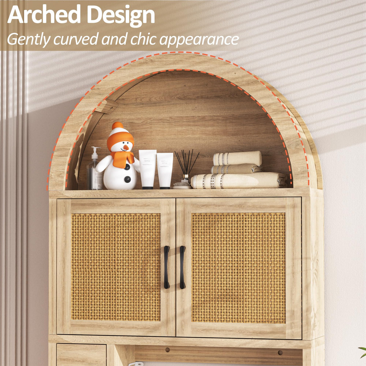 Spurgehom Over The Toilet Storage Cabinet, Bathroom Shelf Organizer Freestanding, Bathroom Arch Cabinet Over Toilet with Toilet Paper Holder and Anti-Tipping Device (Wood & Wicker Door) Spurgehom