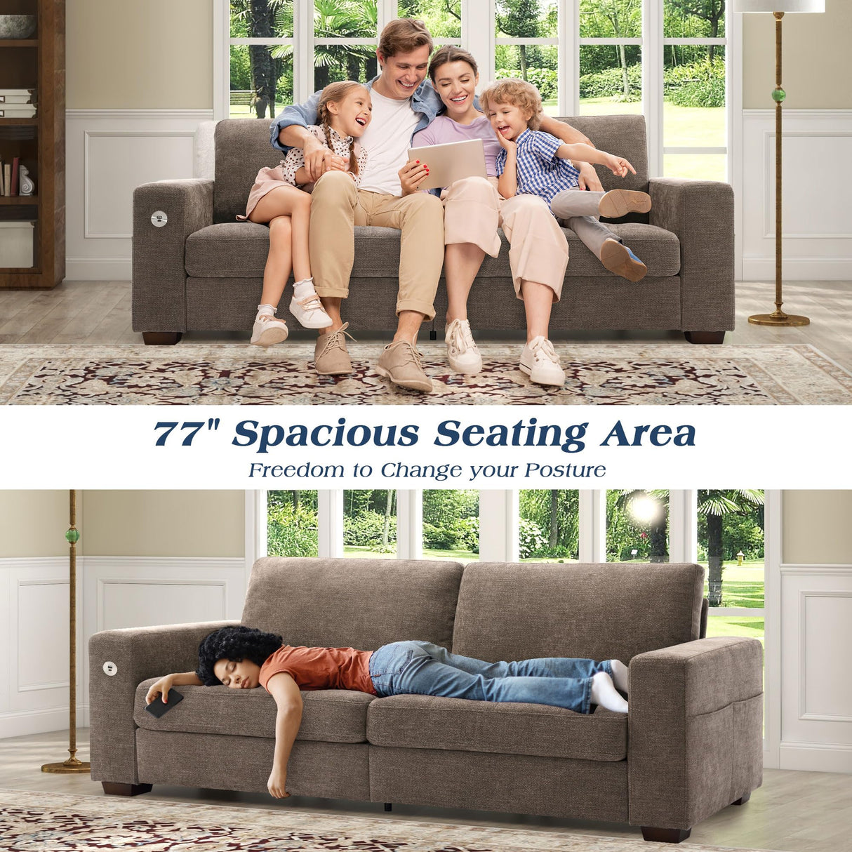 WorthFurni 89 Inch Sofa Couch, Modern 3 Seater Couch with Removable Covers and USB Ports, Large Chenille Comfy Sofa for Living Room, Oversized Loveseat Sofa for Apartment(Brown) WorthFurni