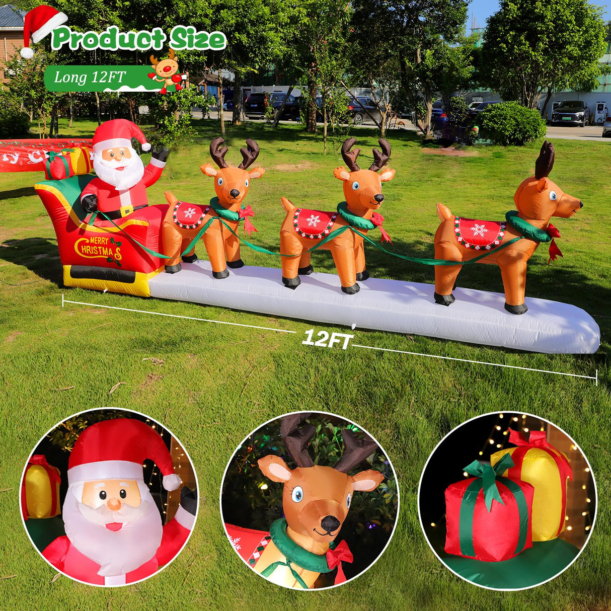 12FT Long Christmas Inflatables Santa Claus on Sleigh with 3 Reindeer Yard Decoration, Cute Blow Up Santa Xmas Decor with Bright LED Lights for Outdoor Garden Lawn Home Holiday Party Omdekor