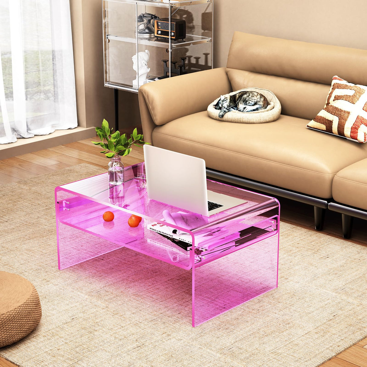 solaround Acrylic Coffee Table for Living Room Clear Rectangle Lucite Table with Open Storage Shelf (1, Pink, Large) solaround