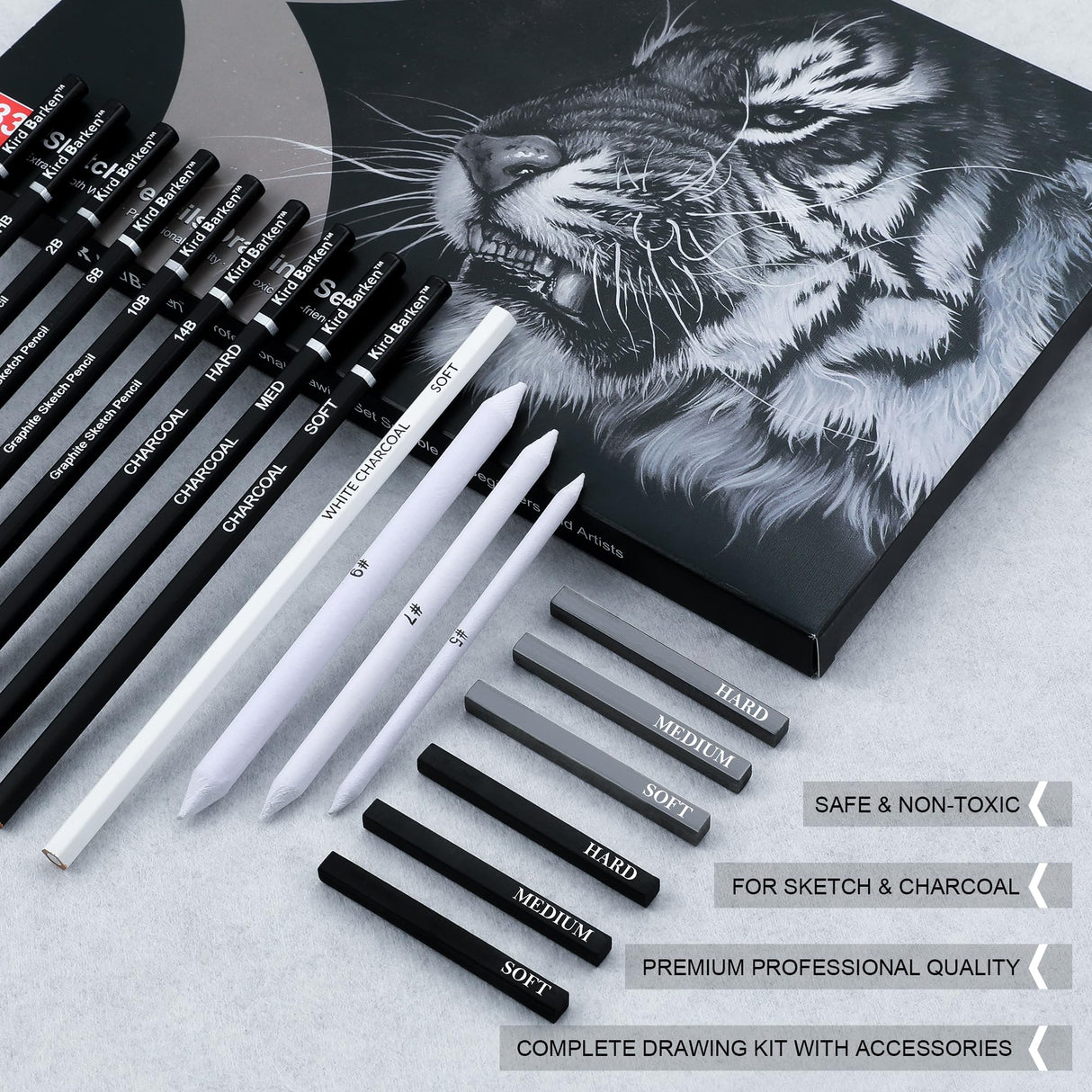 Kird Barken 33 Piece Sketching Pencil Set - 5H to 14B Pencils, Charcoal Pencils, Charcoal Sticks,Graphite Sticks,Painting tools – drawing pencil set for Beginners, Artists, Students, Kids Kird Barken