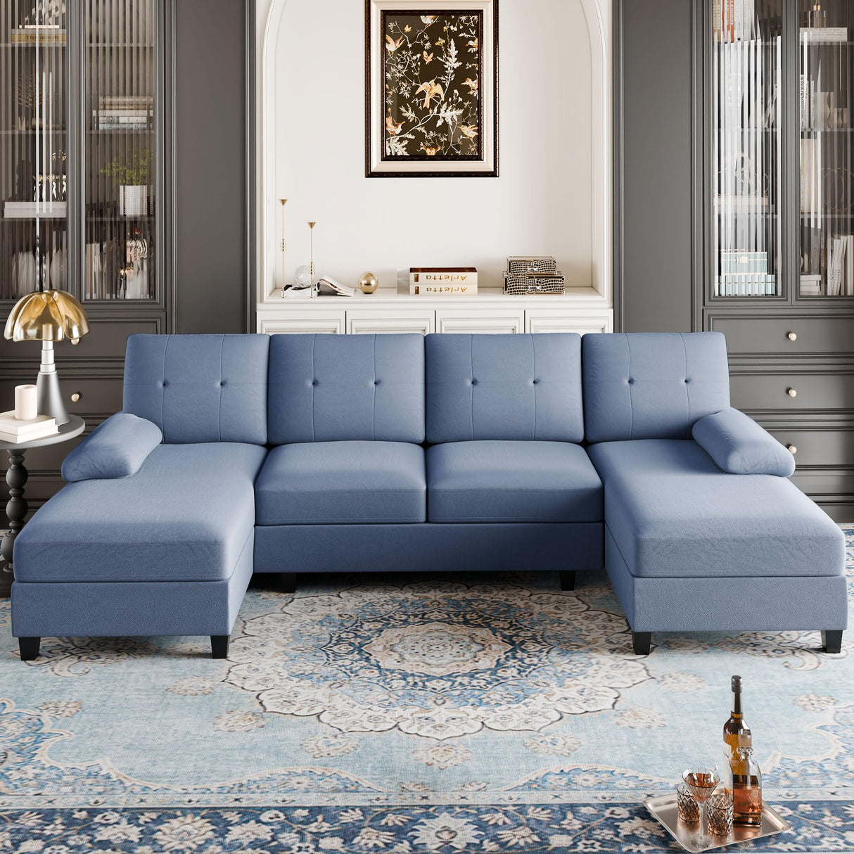 Shintenchi Sectional Couches for Living Room, U Shaped Sofa Couch with Double Chaise, 4-Seat Living Room Furniture Sets with Soft Cushion & Linen Fabric, Blue Shintenchi