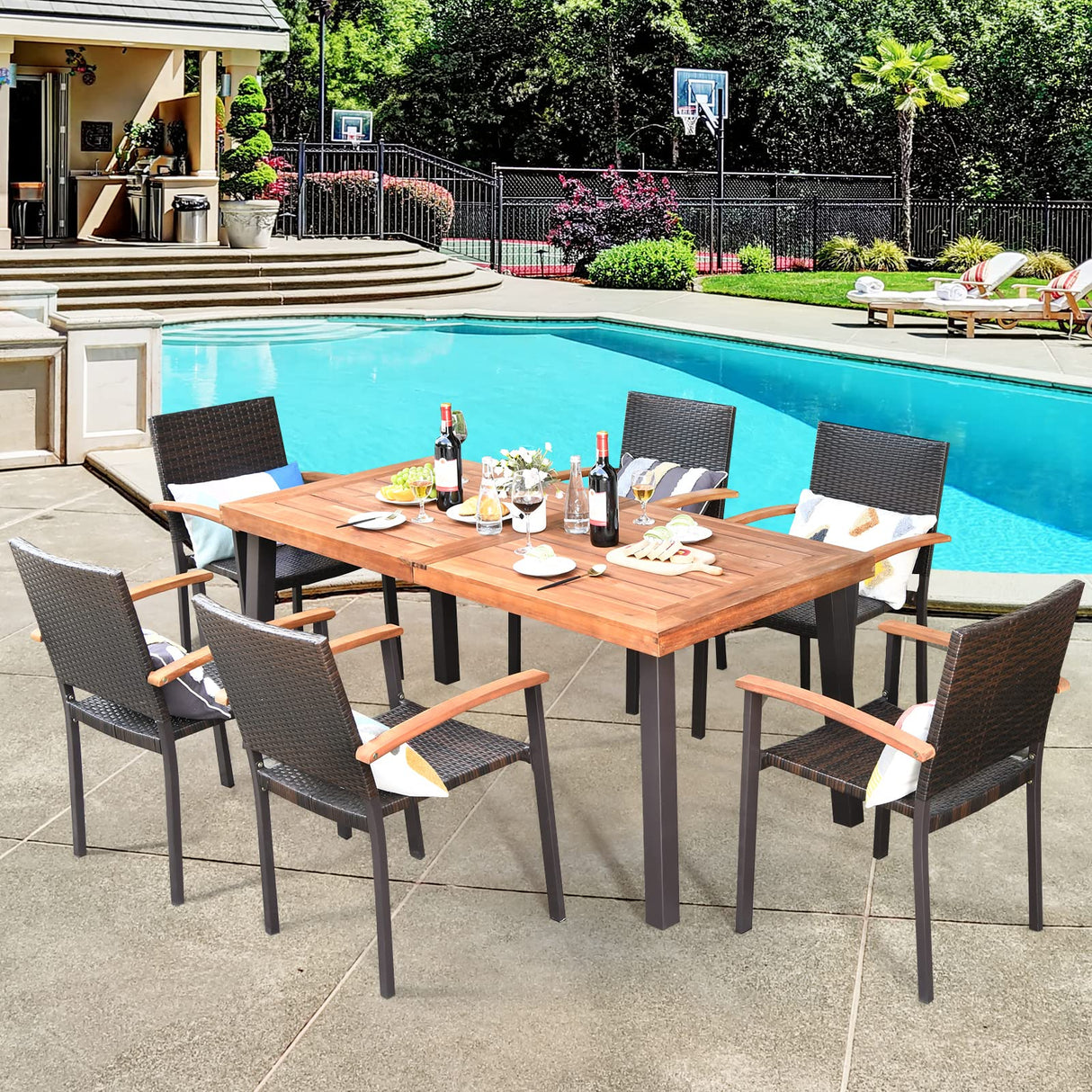 Tangkula 7-Piece Wicker Patio Dining Set, Patiojoy Outdoor Rattan Garden Yard Furniture Set, Acacia Wood Tabletop Dining Table with Umbrella Hole & 6 Stackable Rattan Chairs Set Tangkula