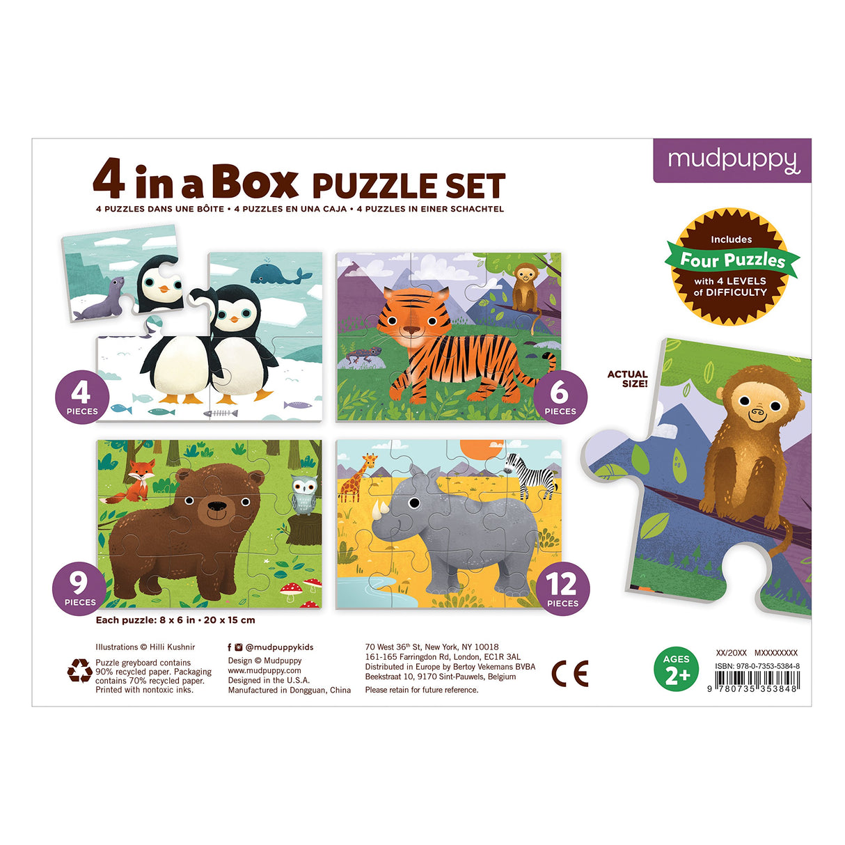 Mudpuppy Animals of The World 4-in-A-Box Puzzle Set, 12 Mudpuppy