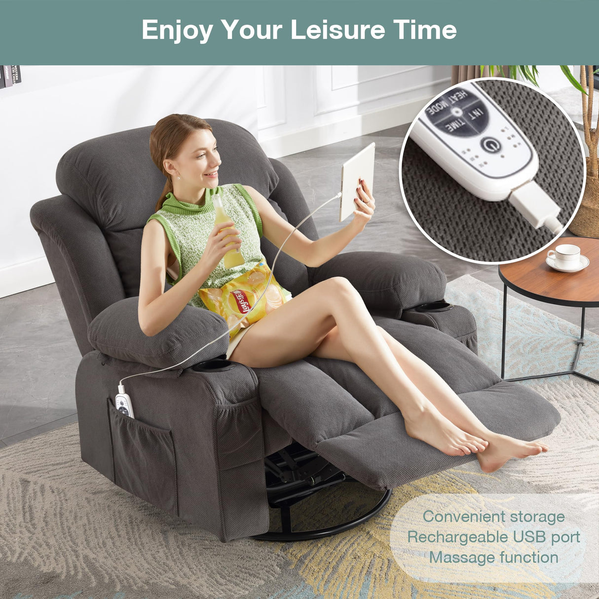 BOSMILLER Massage Recliner Chair, Swivel and Rocking Recliner with Heat and Vibration, Breathable Fabric Ergonomic Single Sofa Chair for Living Room with Cup Holders, Side Pockets and USB (Grey) BOSMILLER