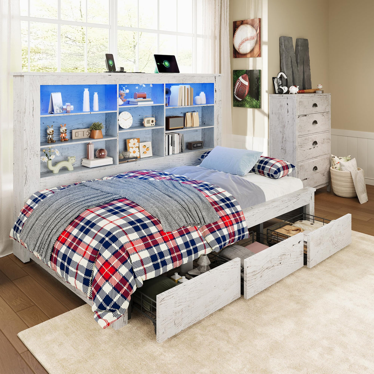 Jocisland Twin Daybed with Bookcase Headboard, USB-C Charging, RGB Lights & 3 Drawers, No Box Spring Needed, Farmhouse Wood Bed Frame for Teens, Dorms, Guest Room, Distressed White Jocisland