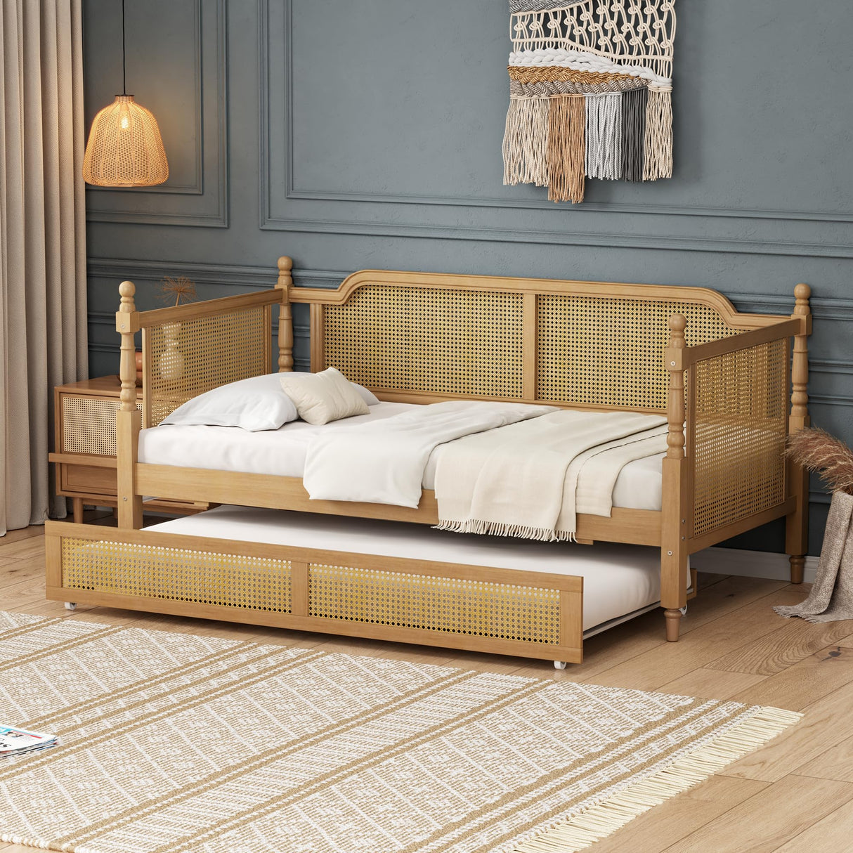 SOFTSEA Twin Size Rattan Wood Daybed with Trundle, Traditional Style Daybed with Trundle, Twin Trundle Bed with Sturdy Wooden Slats for Kids, Girls, Boys, No Box Spring Needed, Easy Assembly, Walnut SOFTSEA