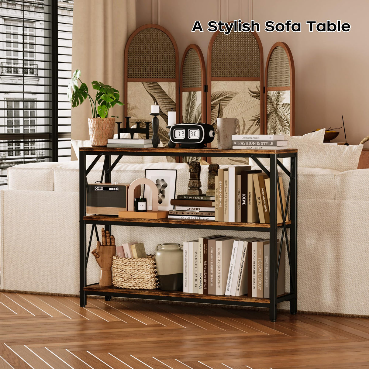 Homeiju Entry Table 40" Width, 3-Tier Entryway Table with Storage, Industrial Sofa Table with Open Shelves, Foyer Tables for Entryway, Hallway, Kitchen, Living Room and Bedroom, Rustic Brown Homeiju