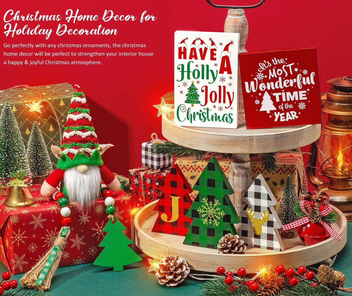Christmas Tiered Tray Decor 10 PCS Christmas Decorations for Home - Christmas Table Decor Wooden Signs & Christmas Gnome Plush Set - Farmhouse Christmas Tray Decor Kitchen Table Mantel Christmas Party Asoulin