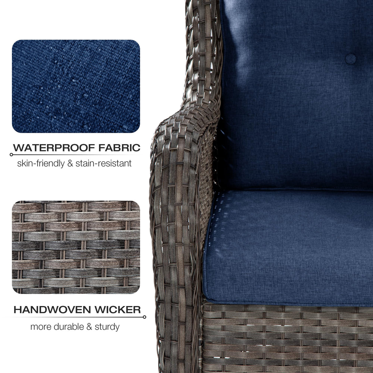 Joyside 5 Piece Outdoor Patio Furniture Set Wicker Conversation Bistro Set Swivel Rocking Chairs with Side Table and Ottomans for Backyard, Porch, Deck(Mixed Grey/Blue) Joyside