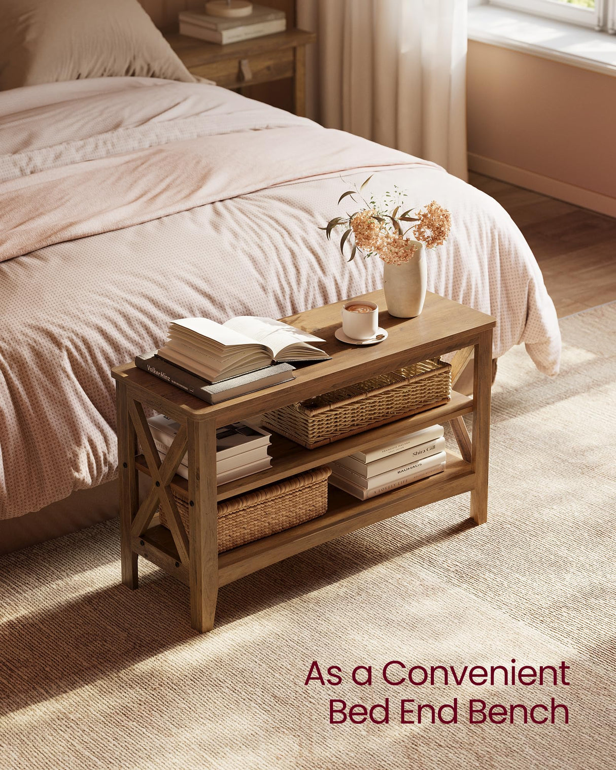 VASAGLE, Entryway Storage Bench, 2-Tier Shoe Rack, 11.8 x 31.5 x 18.9 Inches, Holds up to 300 lb, Farmhouse Style, for Living Room, Bedroom, Honey Brown ULSB053K41 VASAGLE