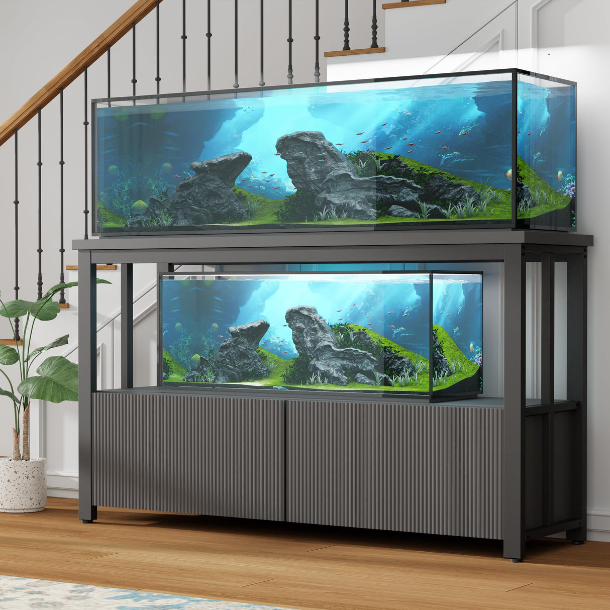 BEWISHOME 55-75 Gallon Fish Tank Stand, Heavy Duty Aquarium Stand with Thickened Metal Frame, Fish Tank Stand with Cabinet for Storage, 51.9" L* 19.9" W Tabletop 1200LBS Capacity Grey KYG04H BEWISHOME