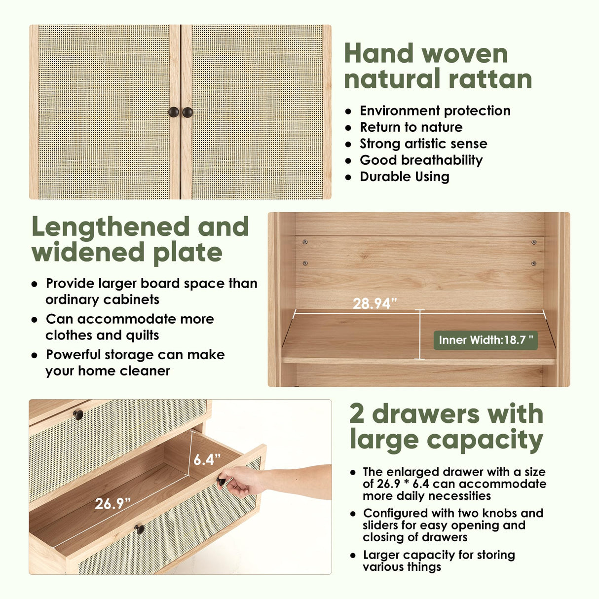 Yechen Natural Rattan Armoire Storage Cabinet, 74" Tall Armoire Closet with Doors, Adjustable Shelves and Drawers, Large Wooden Armoire Wardrobe with 2 Hanging Rods for Bedroom Utility Pantry Yechen