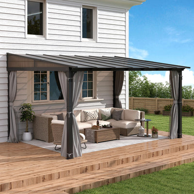 Raysfung 10 x13FT Outdoor Wall-Mounted Hardtop Gazebo, Aluminum Frame Lean to Gazebo with Polycarbonate Roof and Curtains for Patio, Garden, Deck