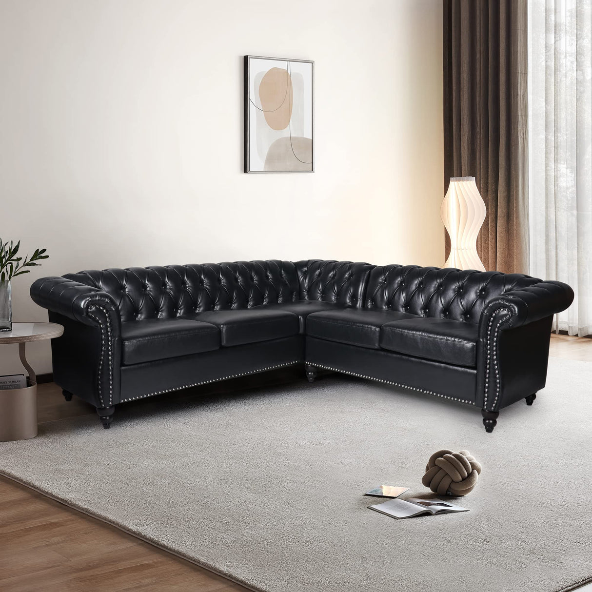 QHITTY L-Shaped Sofa, Sectional Chesterfield Leather Couch 5-Seater Upholstered Small Accent Tufted Sofa with Rolled Armrest and Nailhead Design for Living Room, Apartment, Office (Black) QHITTY