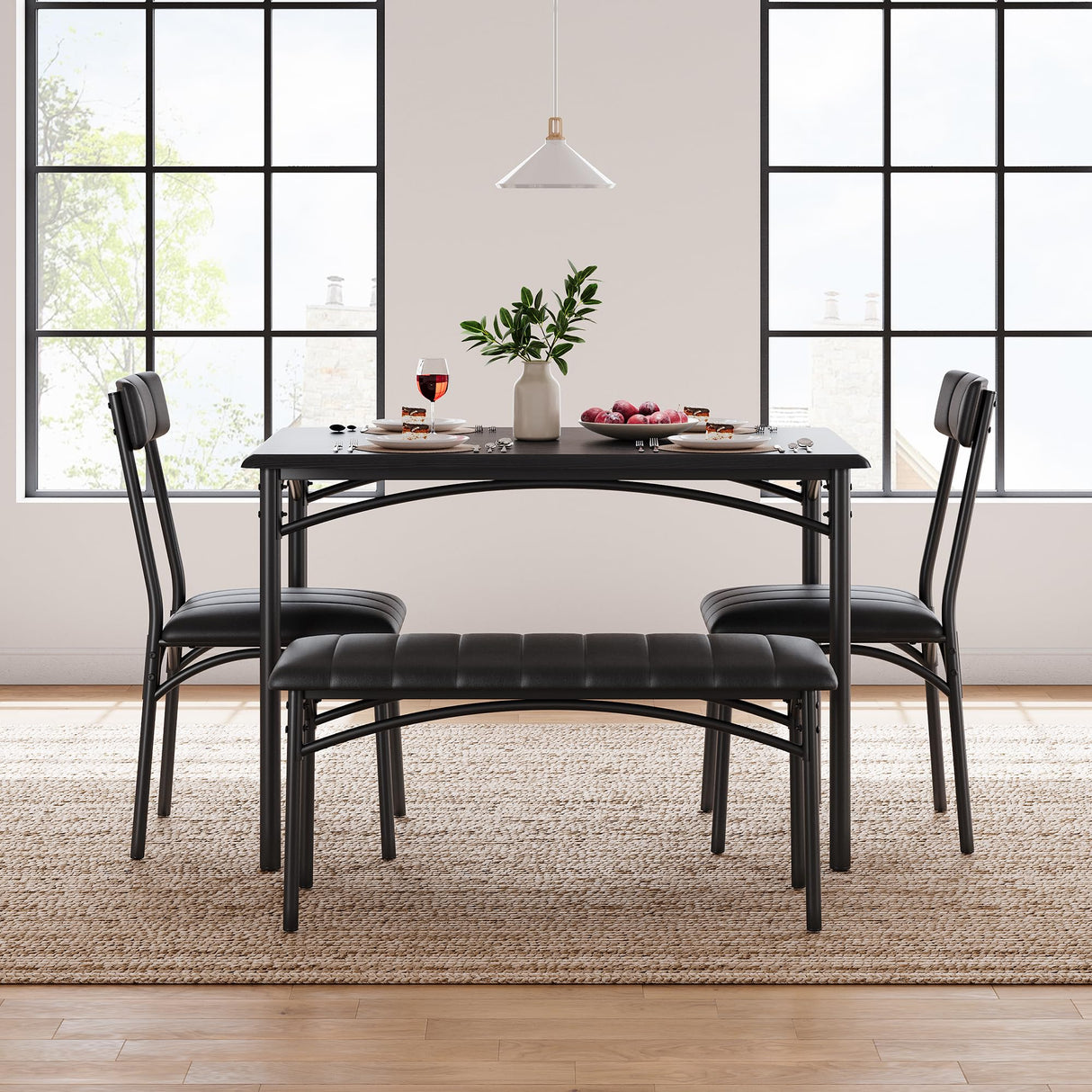 Garvee Dining Table Set for 4, Kitchen Table with Upholstered Bench and 2 Chairs, 4-Piece Wooden Dining Table Set for Apartment, Dining Room, Small Space, Black Garvee