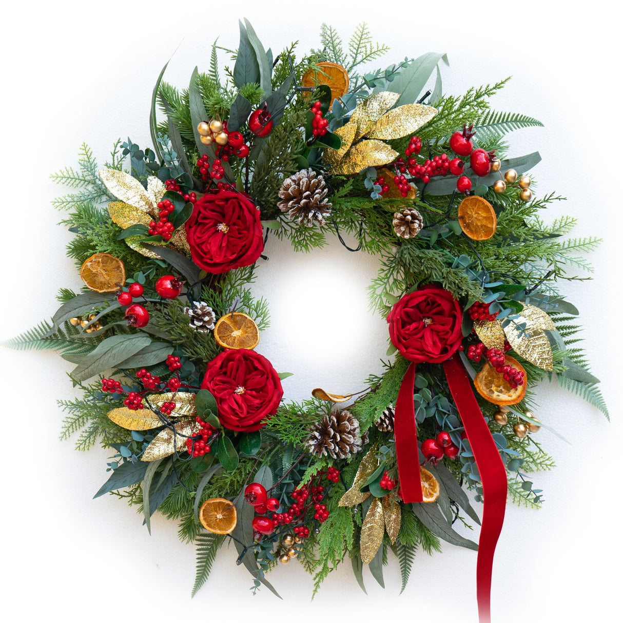 Pinkpuii Pre-lit Christmas Wreath with Lights,24 Inch Outdoor Christmas Wreaths for Front Door,Green Eucalyptus Olive Leaves Winter Door Wreath with Pinecones,Red Flower-Lighted Xmas Holiday Wreath Pinkpuii