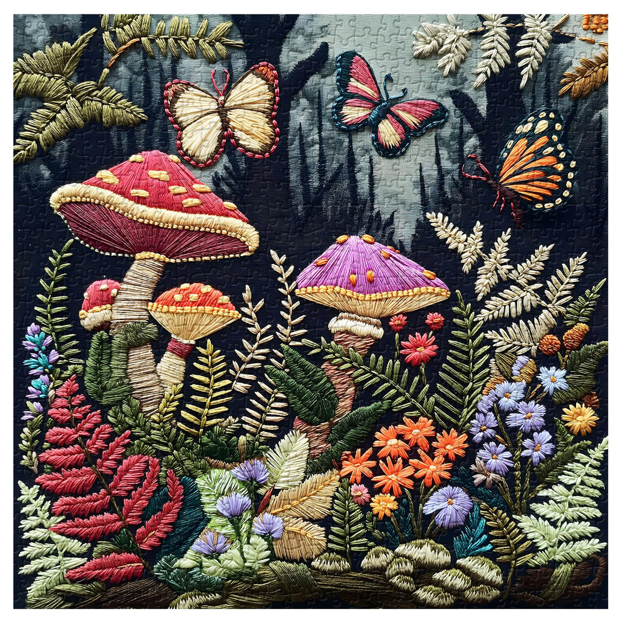 Mushroom Garden Puzzles for Adults 1000 Pieces, Forest Mushroom Butterfly Jigsaw Puzzles, Flowers Nature Plant Embroidery Puzzle as Home Decor PPuzzling