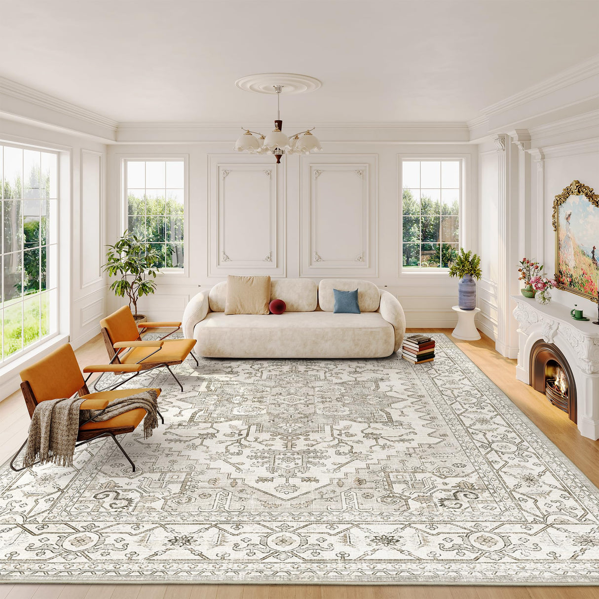 Area Rugs for Living Rooms - 6x9, Boho Non-Slip Low Pile Carpet Machine Washable Rugs for Bedroom, Farmhouse, Office, Dining Room (Beige) befbee