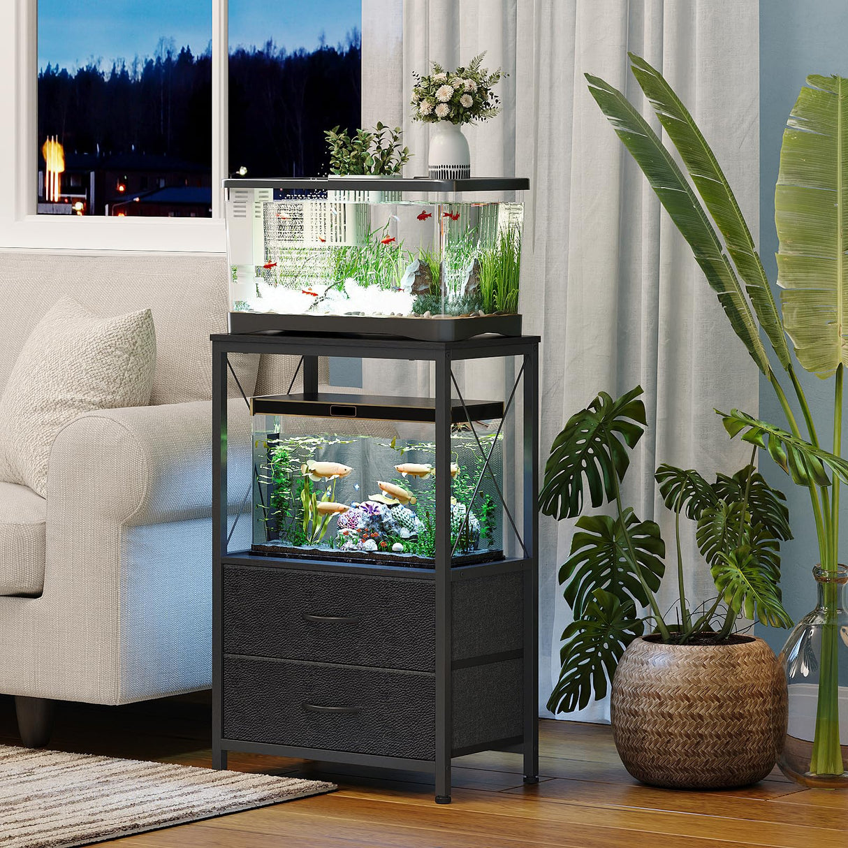 Welfuturer Aquarium Stand 10 Gallon with 2-Tier Shelf, Fish Tanks Stand with 2 Drawers, Metal Frame Heavy Duty Reptile/Turtle Tank Stand for Home Office, Fish Tanks Accessories Storage, Black Welfuturer