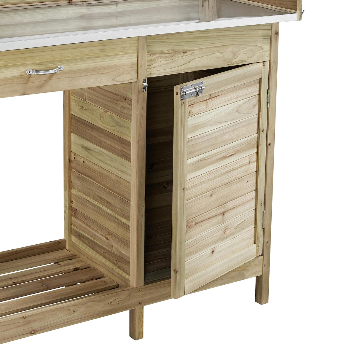 Topeakmart Garden Potting Bench Potting Table ACQ Lumber Wood Outdoor Work Station Work Bench Planting with Cabinet & Drawer & Top Shelf & Lower Shelf Light Green Topeakmart