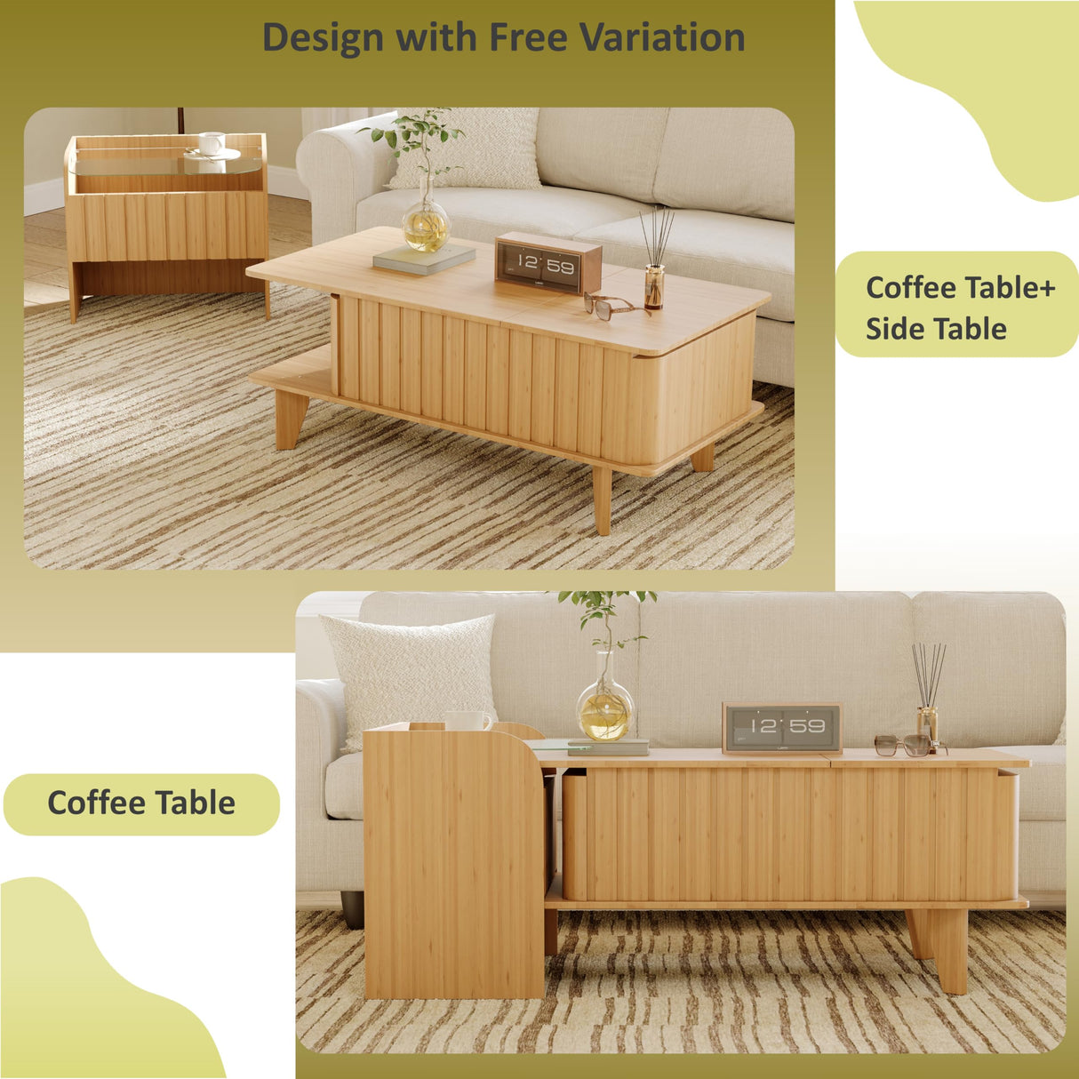 Jartoil Extendable Coffee Table with Storage, Wood Coffee Table with Hidden Compartment, Expandable Coffee Tables with Side Table for Living Home(Natural) Jartoil