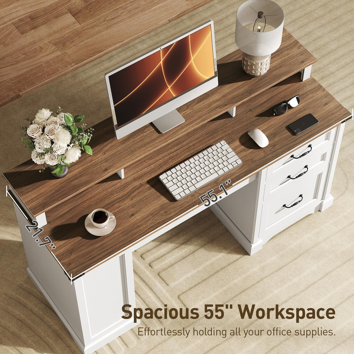 RALGEND 55'' Farmhouse Executive Desk with Drawers, Computer Desk with File Cabinet and Side Bookshelf, Writing Gaming Desk with Monitor Stand & Charging Station, White and Walnut RALGEND
