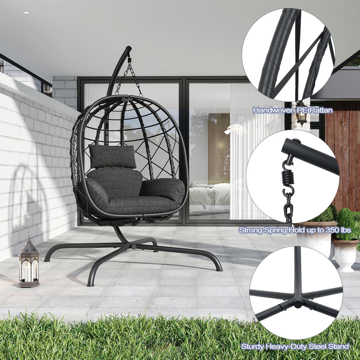 LUTINLIX Wicker Egg Chair Outdoor Indoor,Foldable Patio Hanging Egg Chair with Stand,Swing Chair with UV Resistant Cushion 350lbs Capacity for Bedroom, Patio, Garden and Balcony (Black+Dark Grey) LUTINLIX