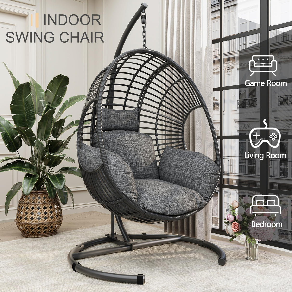 LUTINLIX Oversized Hanging Egg Chair Outdoor Indoor, Wicker Swing Egg Chair with Stand 400lbs Capacity for Bedroom, Patio, Garden and Balcony (Black-Regular, Oversize) LUTINLIX