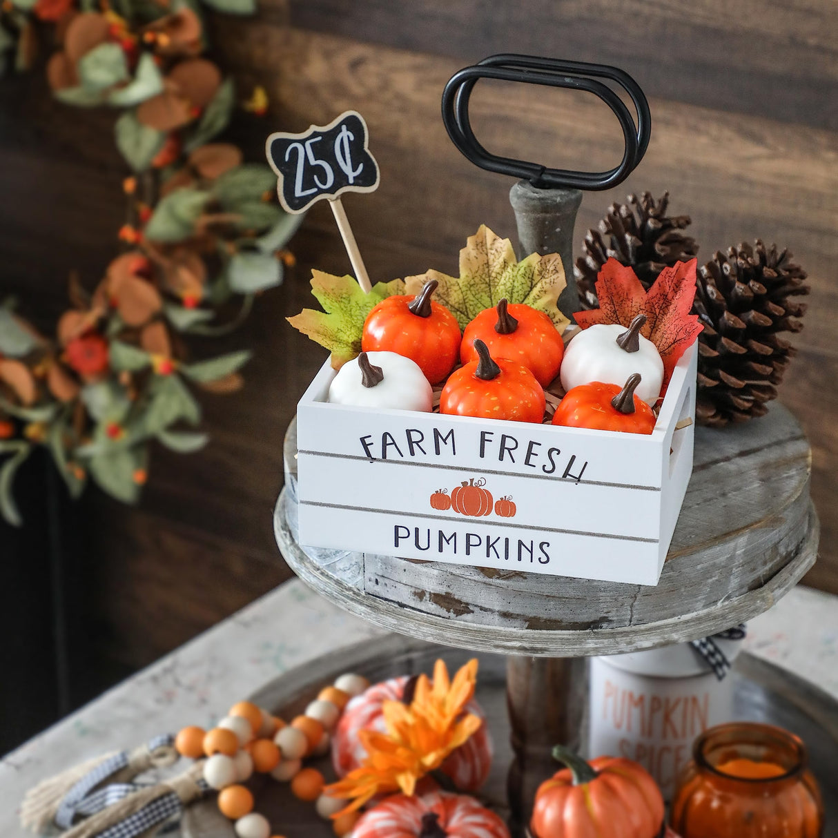 Fall Thanksgiving Tiered Tray Decor, Fall Pumpkin Mini Wood Crate Decorations Set, Farmhouse Table Centerpiece Decor Kit for Fall Decor KORMMCO