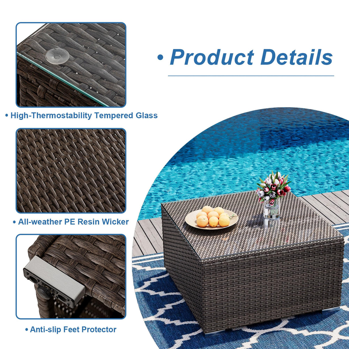 COSIEST Outdoor Furniture Brown Wicker Glass-Top Coffee Table for Expanding Sectional Sofa Set for Garden, Pool, Backyard COSIEST