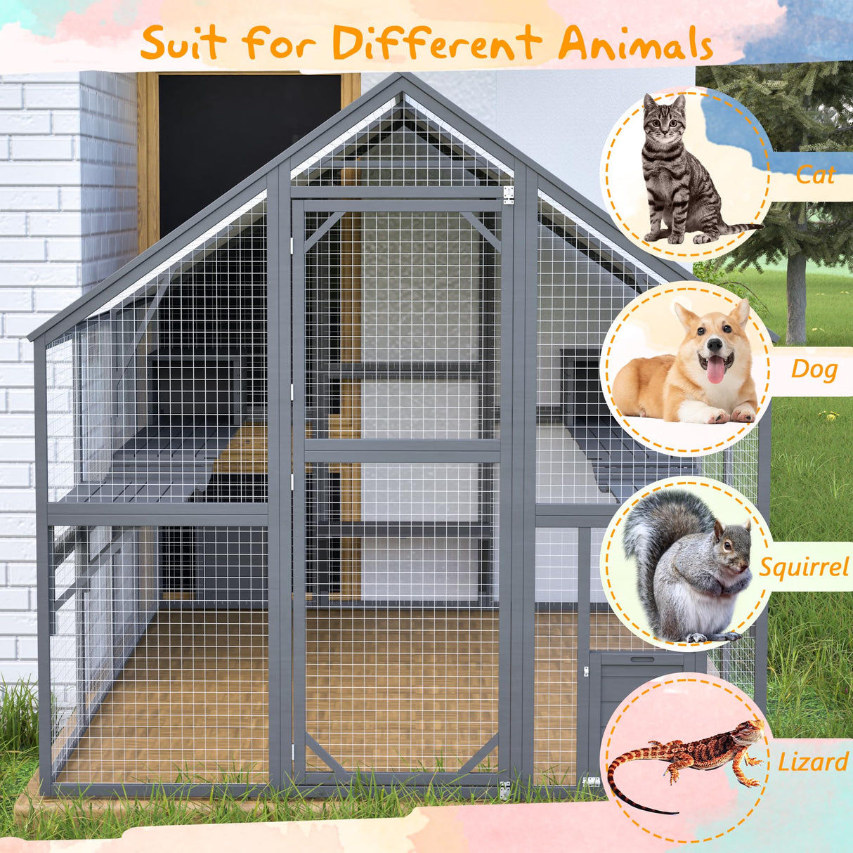 ZMAD Large Outdoor Cat House,56 ft² Luxury Wooden Run Enclosure Walk in Cat Catio Kitten Condo with 2 Cats Doors, 2 Playpen & Hiding Houses, Bridges, Walks, Roof Cover, Grey (Grey, 110 in) ZMAD