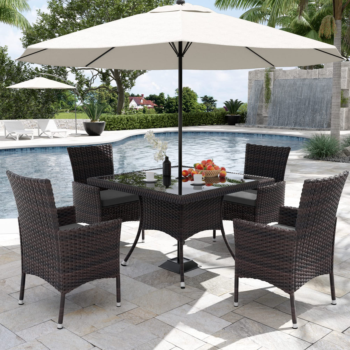 Kurapika 5-Piece Patio Furniture Outdoor Dining Set, Wicker Rattan Patio Dining Table and 4 Chairs Set, Square Tempered Glass Tabletop with Umbrella Hole, for Patio, Backyard, Grey Kurapika