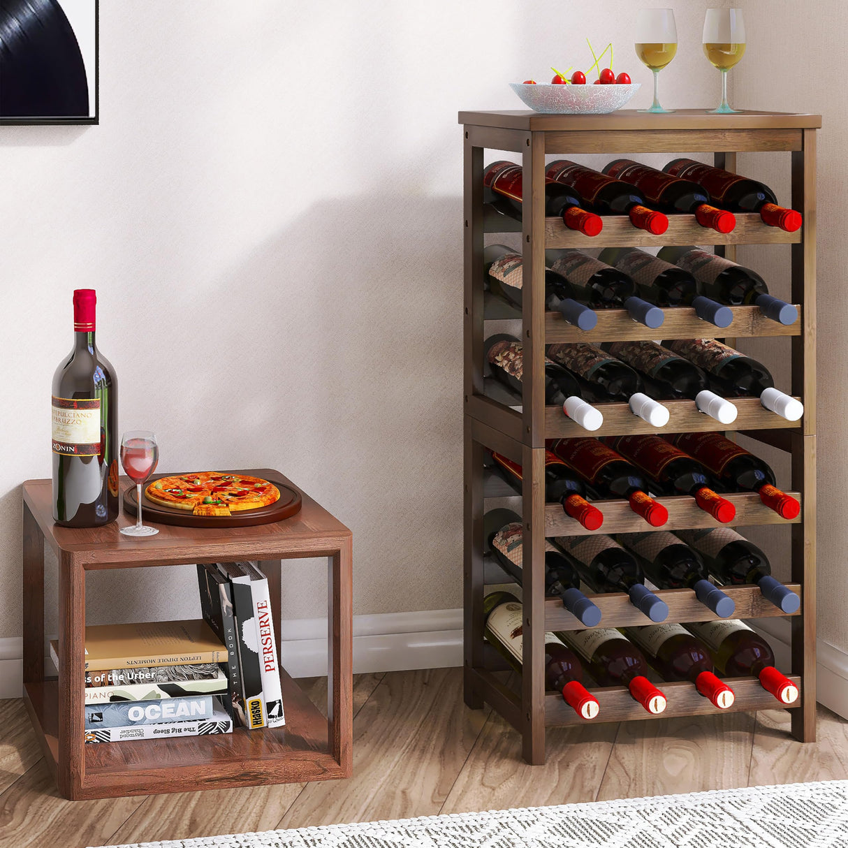 STELLSTAR 24-Bottle Wine Rack, 6 Tier Bamboo Wine Display Storage Shelves with Tabletop, Floor Freestanding Wine Bottle Holder with Wobble-Free Shelves, Walnut STELLSTAR