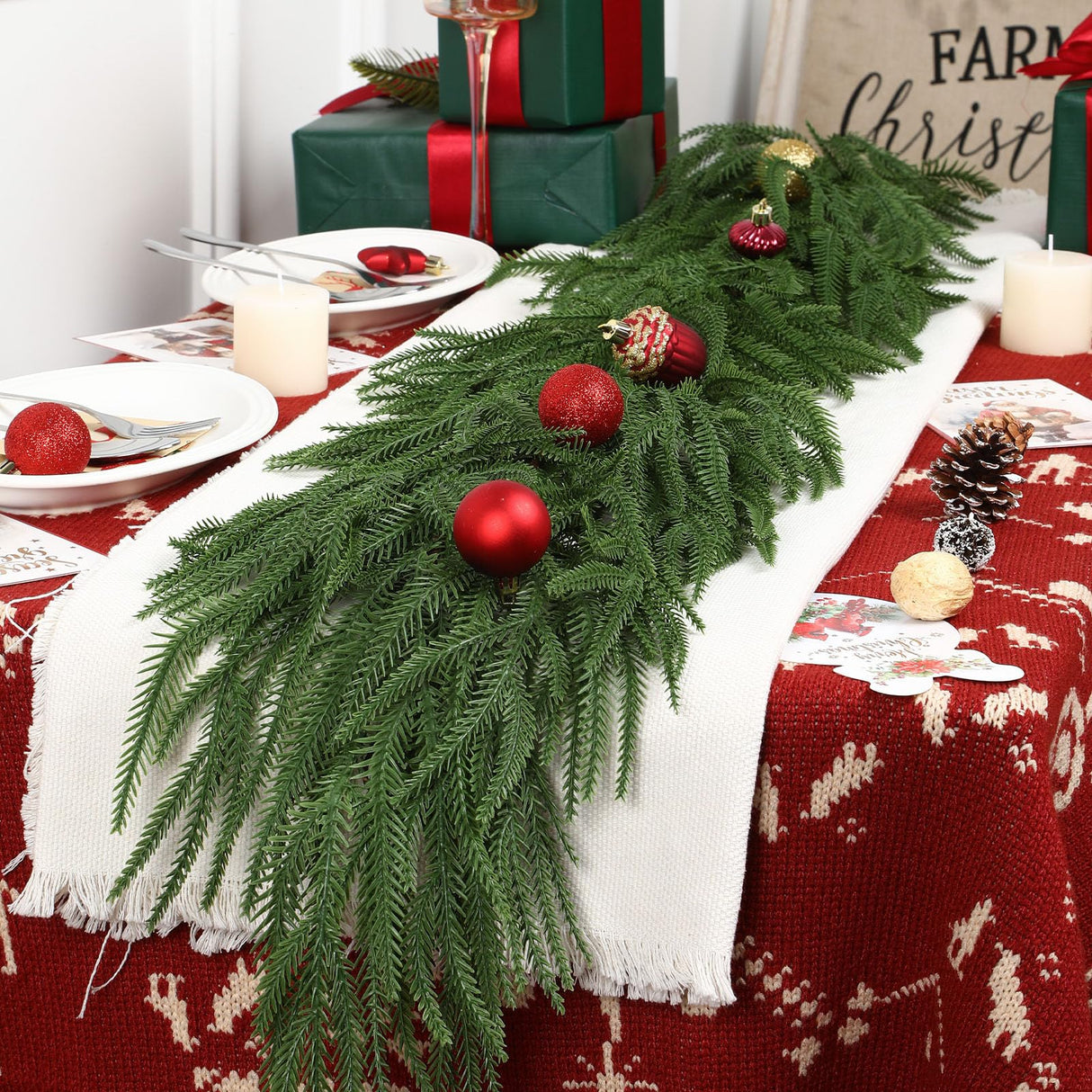 Alupssuc 9ft Artificial Christmas Garland, Real Touch Norfolk Pine Garland- Winter Pine Garland, Greenery Christmas Garland for Mantle, Table, Fireplace, Indoor, Outdoor Christmas Decorations Alupssuc