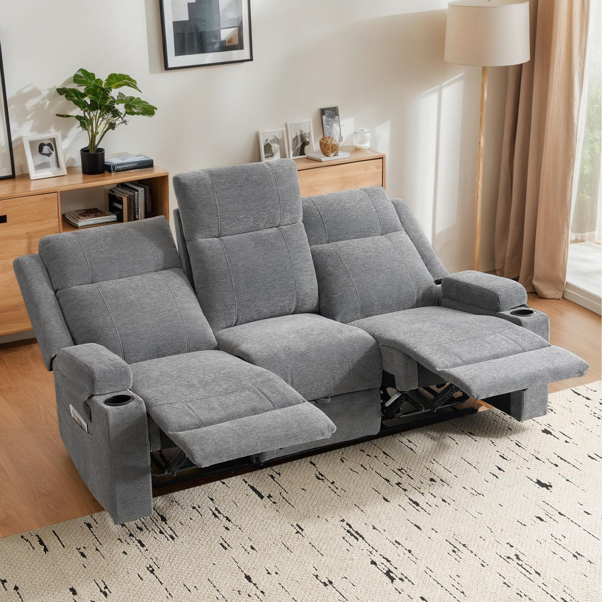 75'' Manual Reclining Sofa with Storage Drawer, 3 Seat Wall Hugger Recliner Couch with Cup Holders, Side Pockets, Chenille Fabric, Compact 3-Person Recliner for RV, Living Room, Apartment (Grey) LURVIA