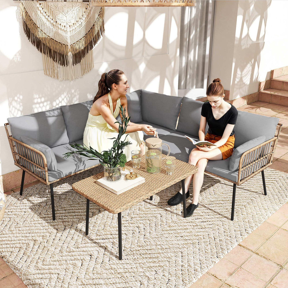 DWVO 4-Piece Outdoor Sectional Sofa Set, All-Weather Wicker L-Shaped 5-Seater Patio Furniture with Removable Cushions & Side Table, Boho Conversation Set for Backyard, Porch, Deck (Grey) DWVO